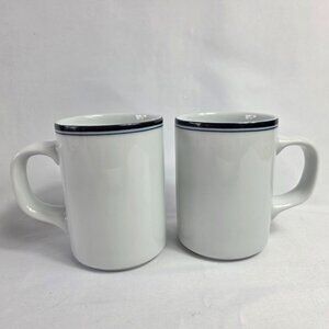 TWO Dansk Allegro Blue Mugs White with Two Blue Bands on Rim